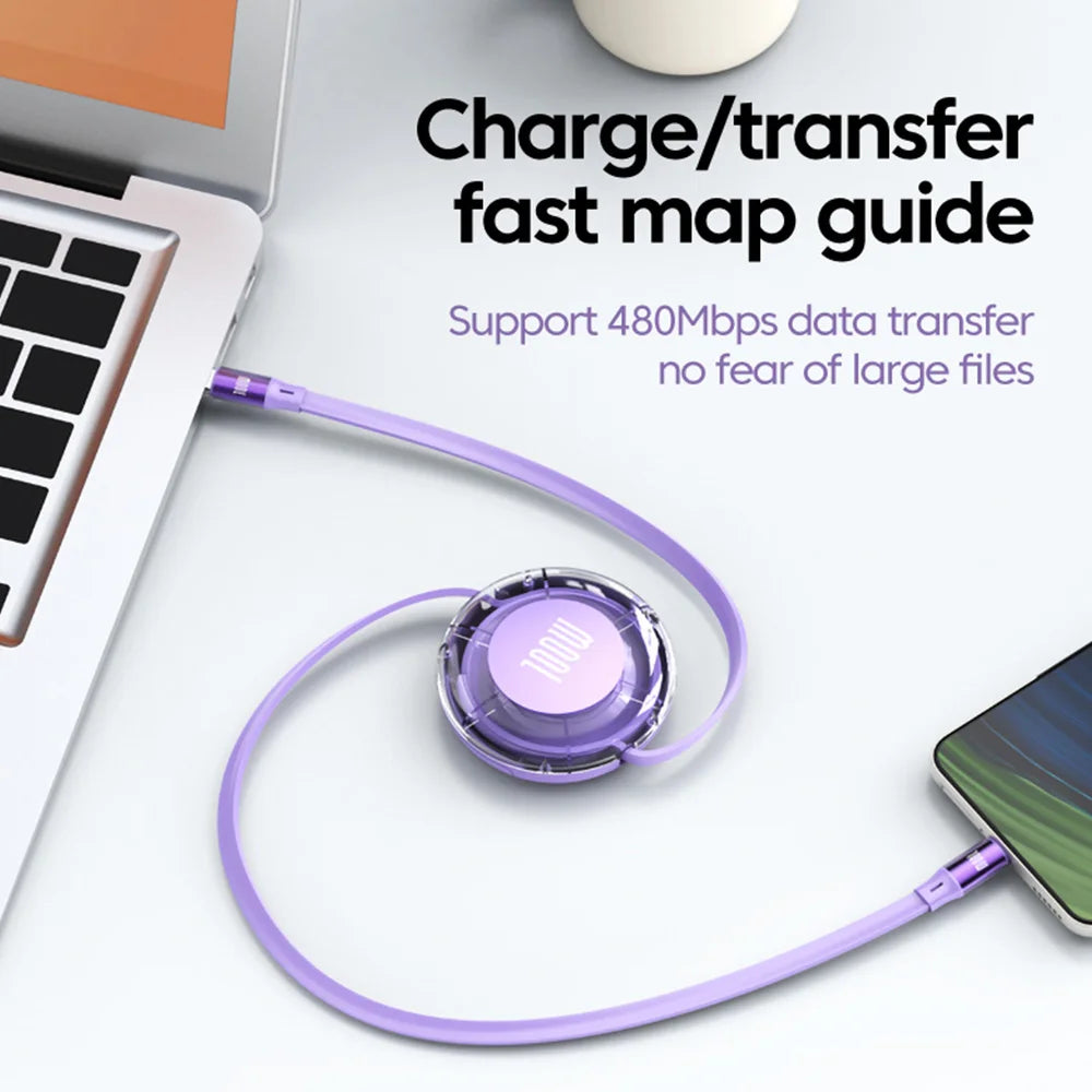 Retractable PD 100W Cable USB Type C to Type C Fast Charging USB C to USB C Cable for Iphone 15 Huawei Tablet Laptop